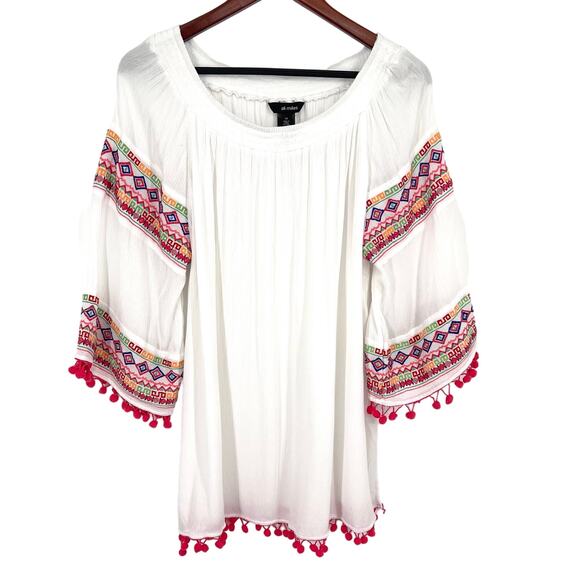 Ali Miles Tops - Ali Miles Plus Size 1X White Pink BOHO Tropical Beach Blouse Shirt Top Artsy